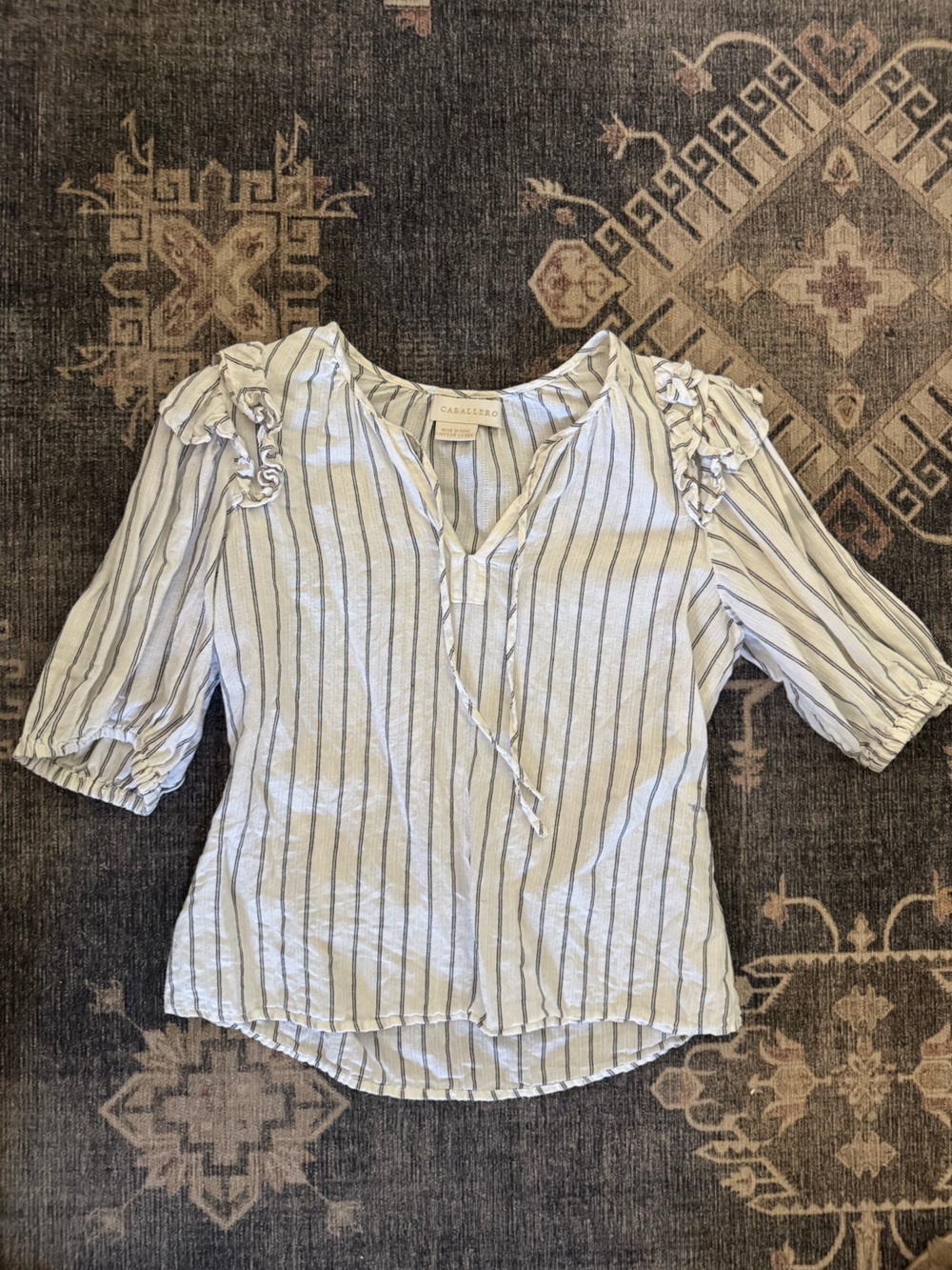 Anthropologie White and Blue Striped Tie-Neck Blouse
